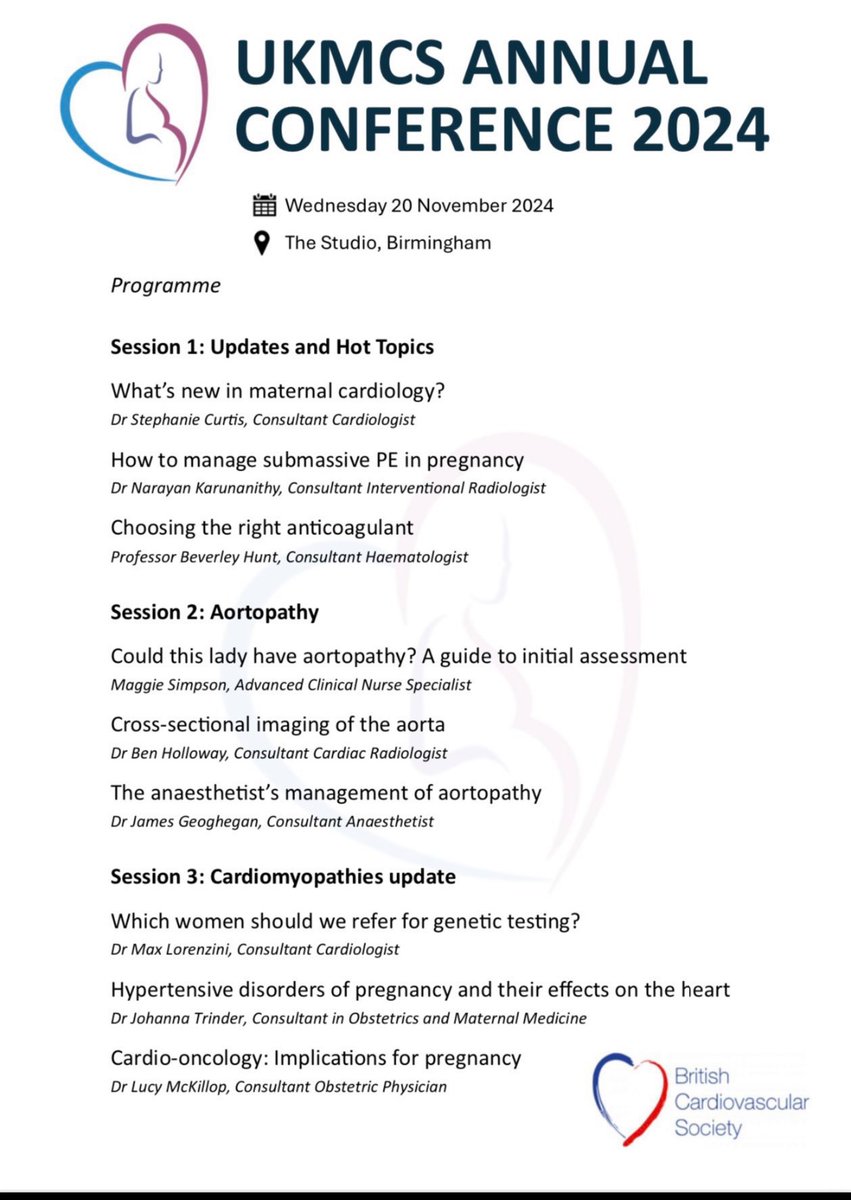 The UKMCS annual conference full programme is out! Calling all healthcare professionals involved in the care of pregnant individuals with heart disease. Enhance your knowledge in cardio-obstetrics at The Studio- Birmingham on 20th Nov 2024. 
Join here: eventbrite.co.uk/e/ukmcs-