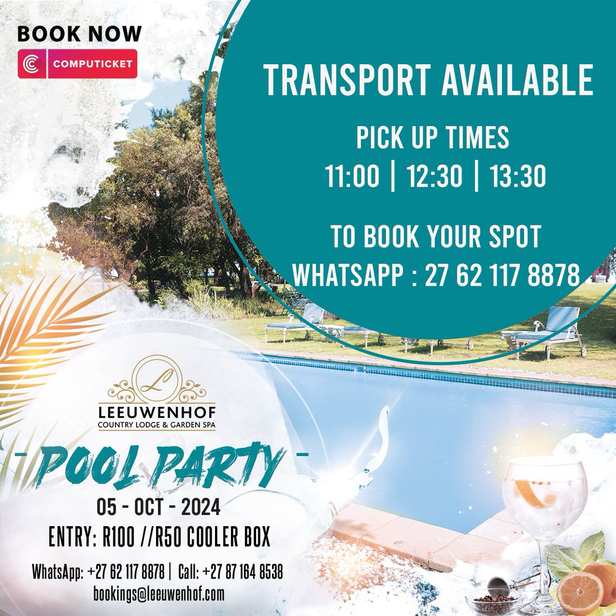 Need Transport?? Ska wara 😎 
We've got your back. 
Transport available! 
Pick up times
11:00 | 12:30 | 13:30
To book your spot.
Whatsapp: 27 62 117 8878

#LeeuwenhofPoolParty #PoolsideFun #Modimolle #Limpopo