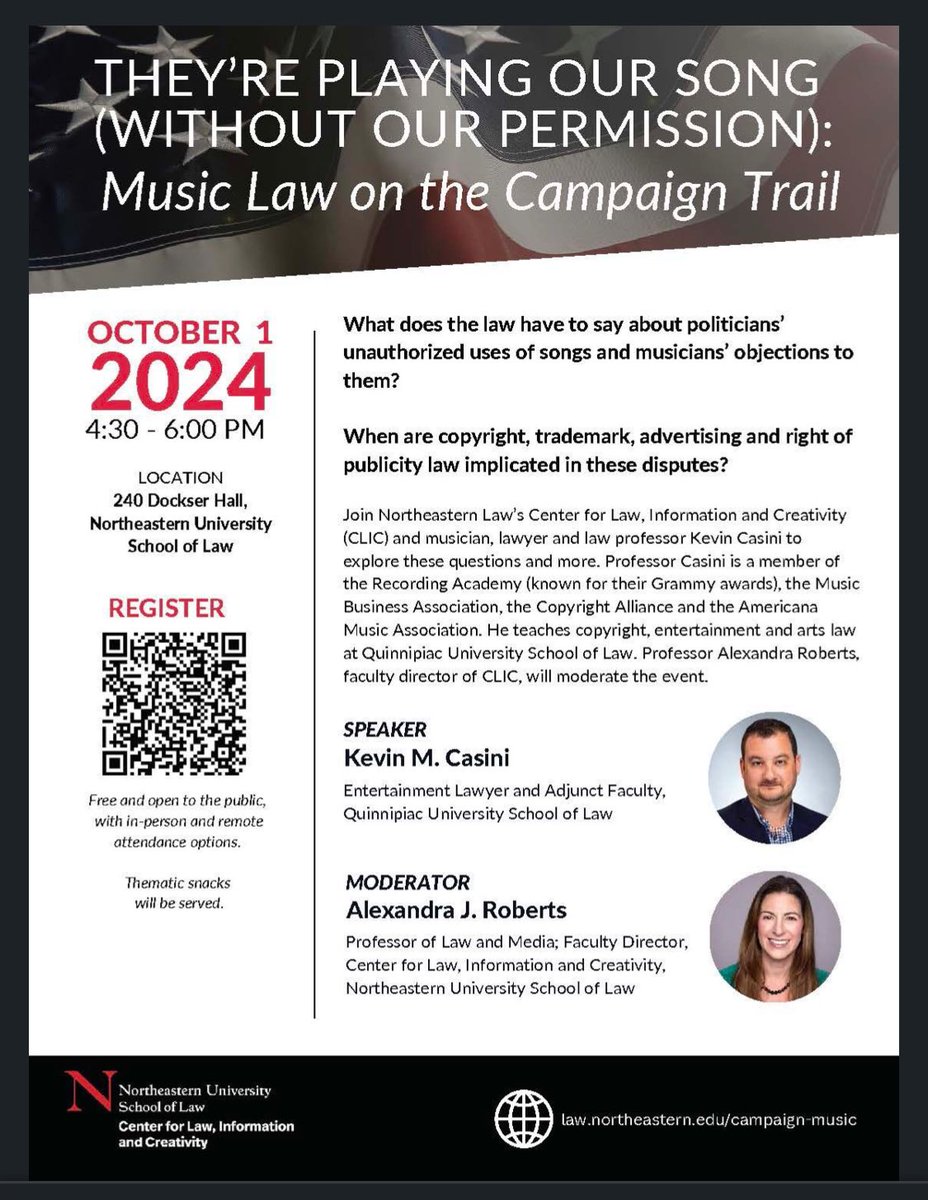 campaign week! Tmrw, Boston w/law Twitter luminary <a href="/lexlanham/">alexandra j. roberts</a> to talk ego clash: politicians and musicians.

Can artists stop candidates from using their songs in political campaigns?

Come for unanswered questions, stay for Thematic Snacks.

Hosted by the <a href="/NUSLclic/">NUSL CLIC ⚖️ @clic@law.builders</a>