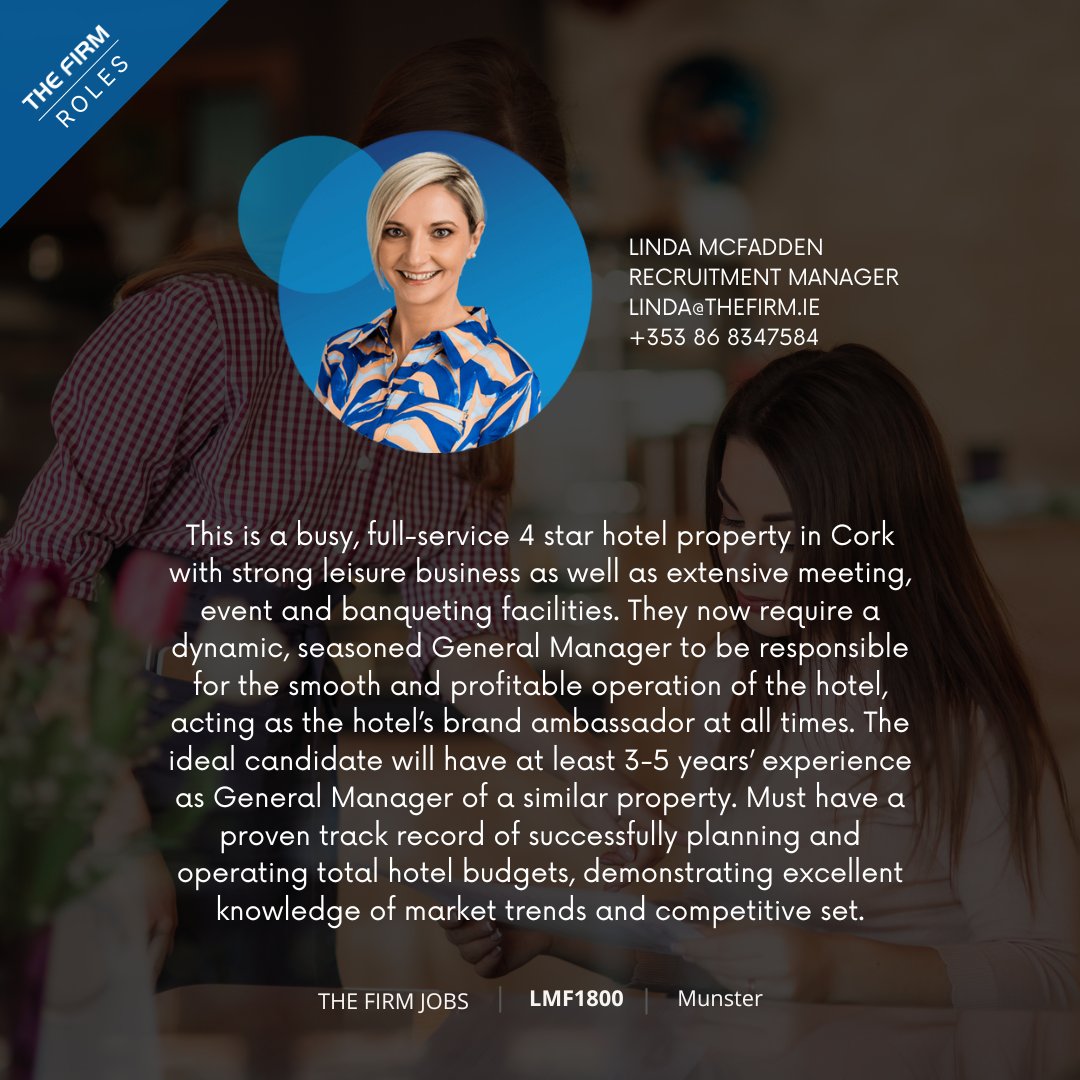 We're hiring a General Manager for a 4⭐️ property in Munster!  If you're a hospitality leader with GM experience, strong commercial acumen, and a passion for delivering exceptional guest experiences, this is your next role!  Apply today by contacting Linda at 📧 linda@thefirm.ie