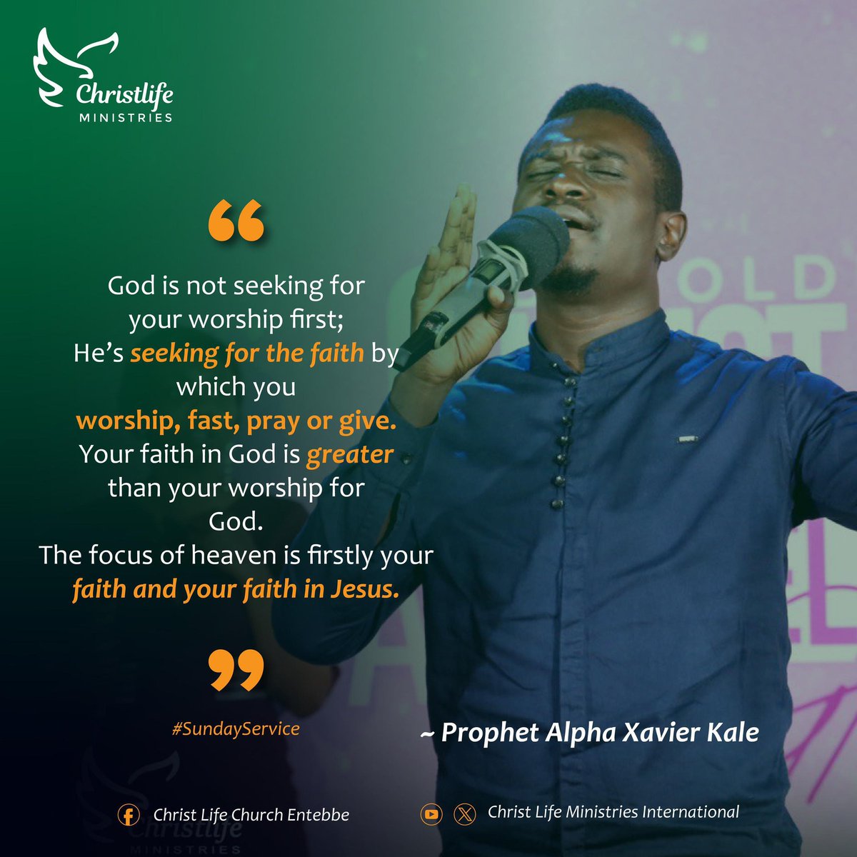 🌾 The Life Quote

God is not seeking your worship first; He’s seeking the faith by which you worship, fast, pray, or give.

~ Prophet Alpha Xavier