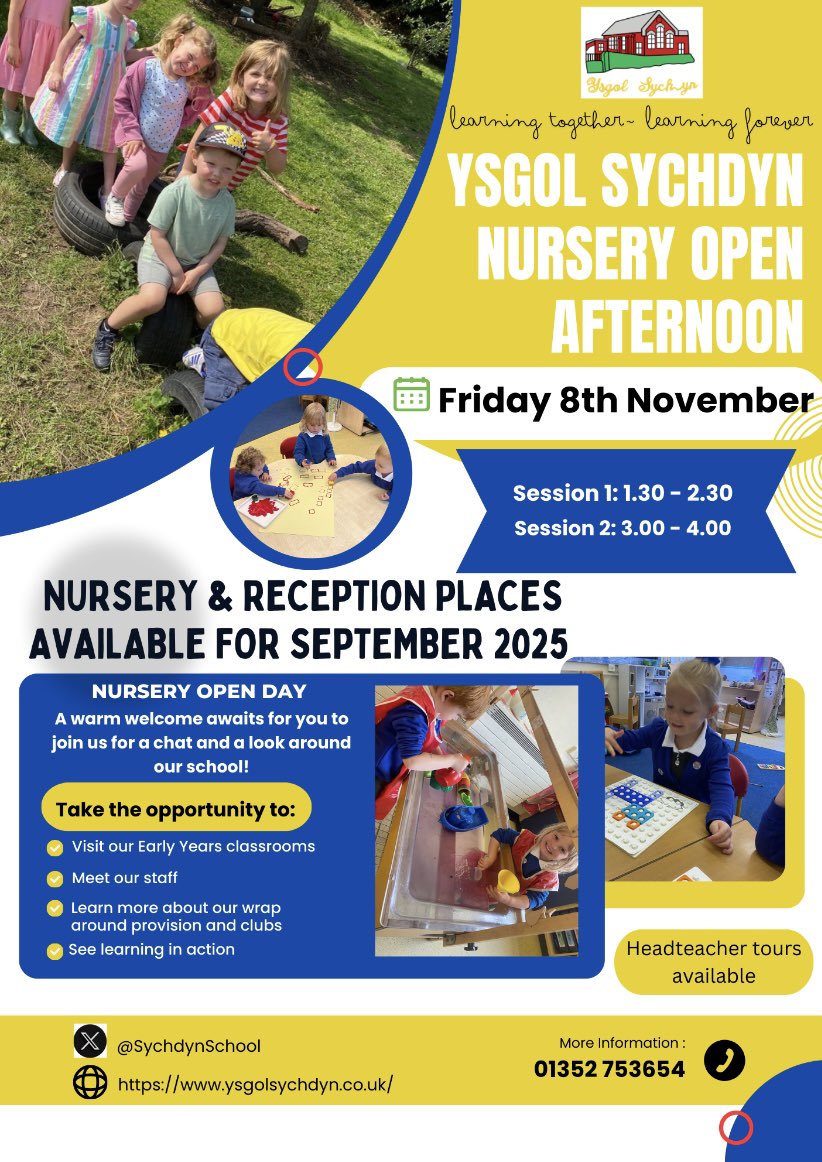 ⭐️ NURSERY OPEN AFTERNOON ⭐️
Are you looking for a Nursery place for your child for September 2025? 
We would love to invite prospective Nursery and Reception parents to our open afternoon on Friday 8th November for a chat and a look around our school! <a href="/SychdynSchool/">Ysgol Sychdyn</a>
