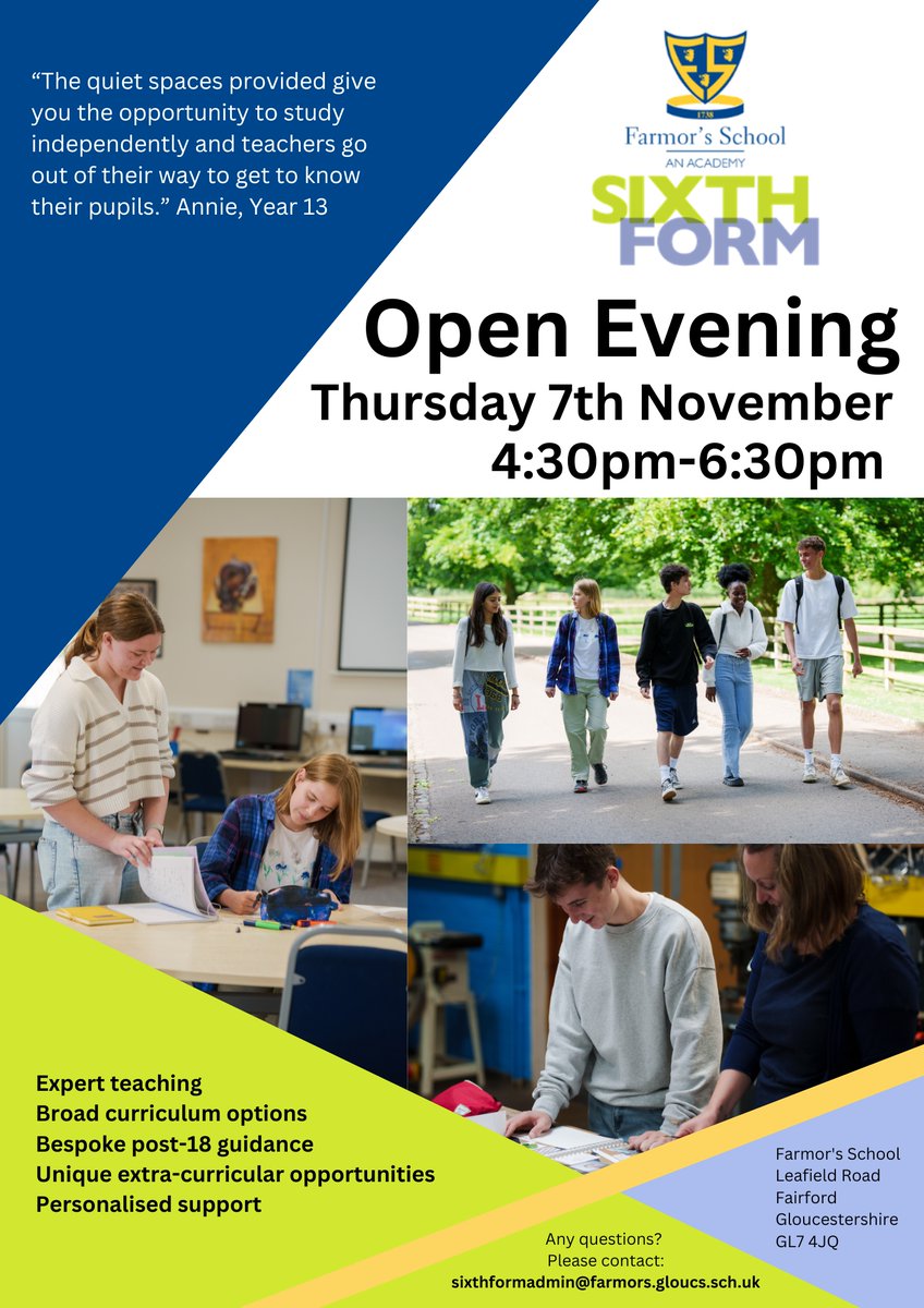 Farmor's School (@farmorsschool) on Twitter photo Find out about Farmor's Sixth Form's fantastic teaching, broad range of curriculum options, bespoke post-18 guidance and extra-curricular opportunities at our open evening on Thursday 7th November. If you have any questions, please contact sixthformadmin@farmors.gloucs.sch.uk Find out about Farmor's Sixth Form's fantastic teaching, broad range of curriculum options, bespoke post-18 guidance and extra-curricular opportunities at our open evening on Thursday 7th November. If you have any questions, please contact sixthformadmin@farmors.gloucs.sch.uk