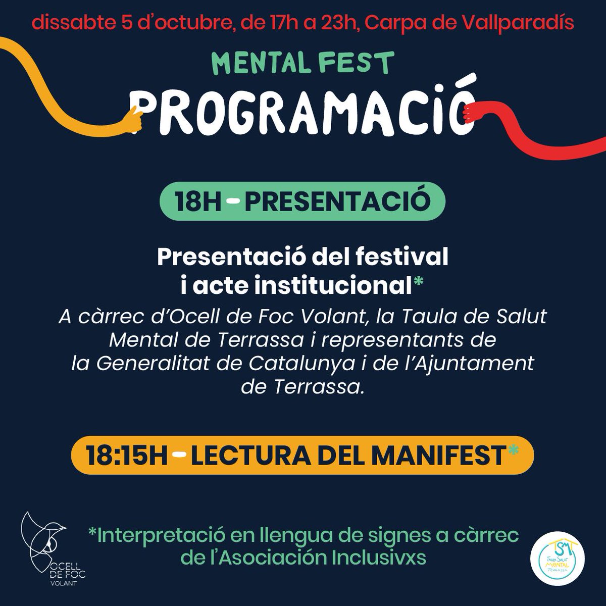 TrsOcupacio's tweet photo. 📢 L'Oficina Tècnica Laboral s'uneix al #MentalFest24!

Com a membre de la Taula de Salut Mental, l'OTL, participarà al Mental Fest, un esdeveniment organitzat per Ocell de Foc Volant el 5 d'octubre, a partir de les 17 h, a la Carpa de Vallparadís. https://t.co/y9zDupOOUP