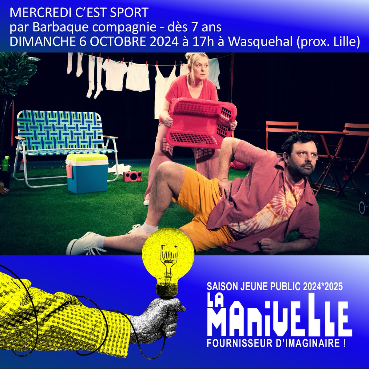 Prochain spectacle #jeunepublic à @lamanivelle #theatre #wasquehal / "Mercredi c'est sport" dès 7 ans / dimanche 6 octobre à 17h. Infos et réservations sur lamanivelletheatre.com