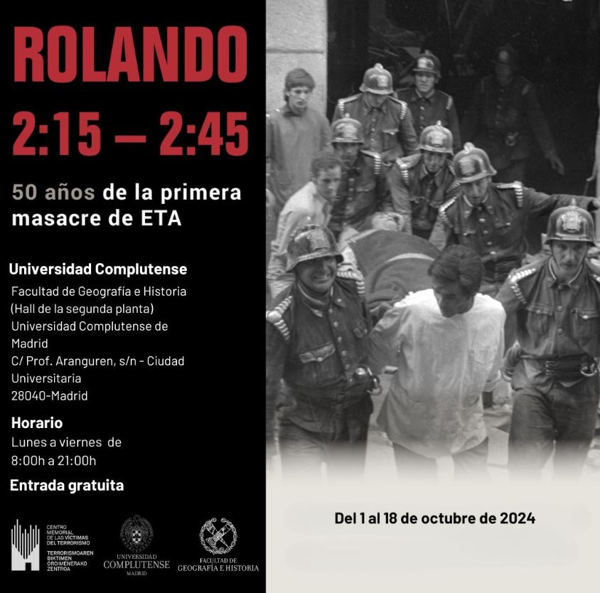 🙋 La exposición itinerante de <a href="/MemorialVT/">Centro Memorial VT</a> sobre la masacre de #ETA en la cafetería #Rolando llega a <a href="/geohisucm/">Geografía e Historia UCM</a> 

🗓️ 1 al 18 de octubre
🔛 Lunes a viernes 
⏱️ 8:00 a 21 horas
🎫 Entrada gratuita