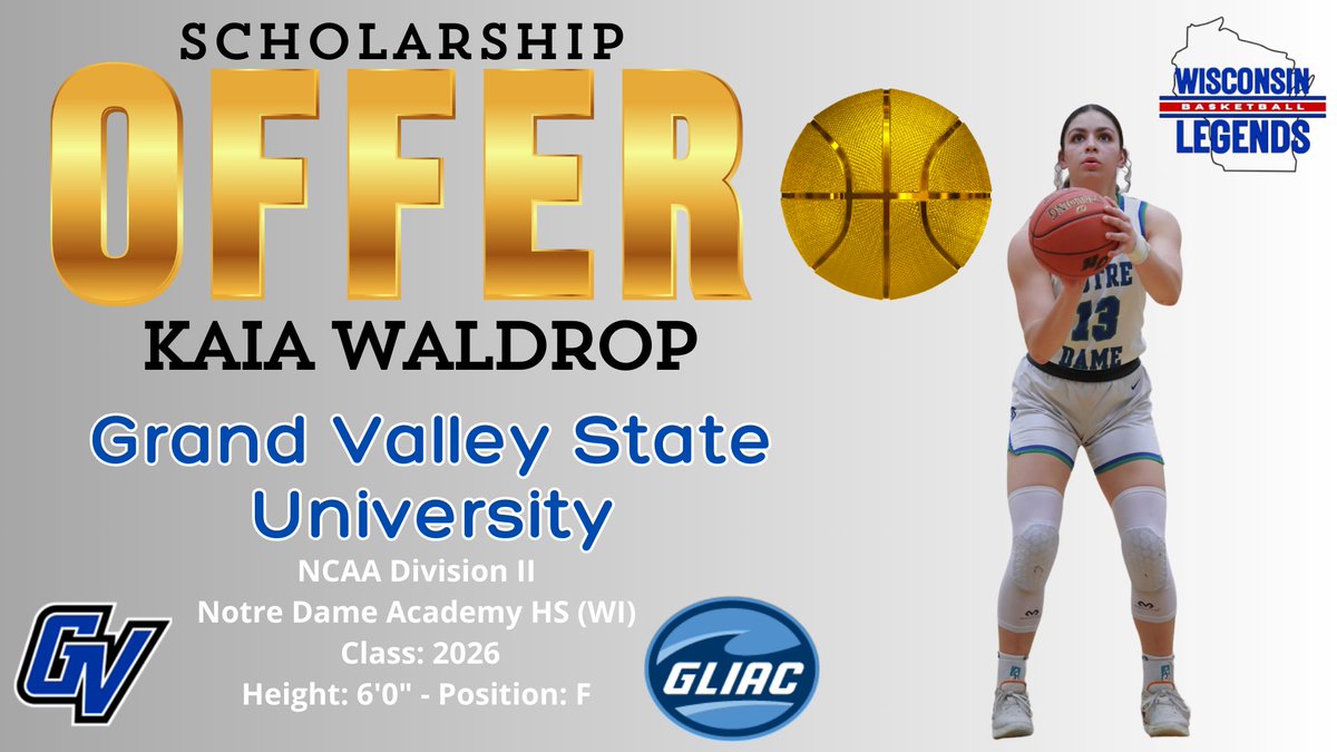 Wisconsin Legends (@wilegends) on Twitter photo 🚨OFFICIAL SCHOLARSHIP OFFER ALERT🚨Congrats to our NEW LEGEND <a href="/waldrop_kaia1/">kaia waldrop</a> earning a D2 Scholarship offer from <a href="/gvsuwbb/">GVSU Women's Basketball</a> 👏🥳THANK YOU Head Coach Mike Williams & staff💙🖤We appreciate you believing in our LEGENDS 🤟#BeALEGEND#LEGENDSLiveHERE 🚨OFFICIAL SCHOLARSHIP OFFER ALERT🚨Congrats to our NEW LEGEND <a href="/waldrop_kaia1/">kaia waldrop</a> earning a D2 Scholarship offer from <a href="/gvsuwbb/">GVSU Women's Basketball</a> 👏🥳THANK YOU Head Coach Mike Williams & staff💙🖤We appreciate you believing in our LEGENDS 🤟#BeALEGEND#LEGENDSLiveHERE