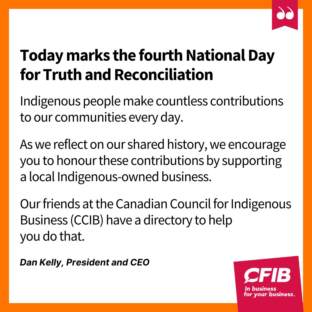 A heartfelt message from #CFIB's President and CEO, Dan Kelly, on #NationalTruthAndReconciliationDay. 
 
Today, we honour the resilience of Indigenous communities nationwide and reflect on the journey toward healing and unity. 

For more information on the Canadian Council for