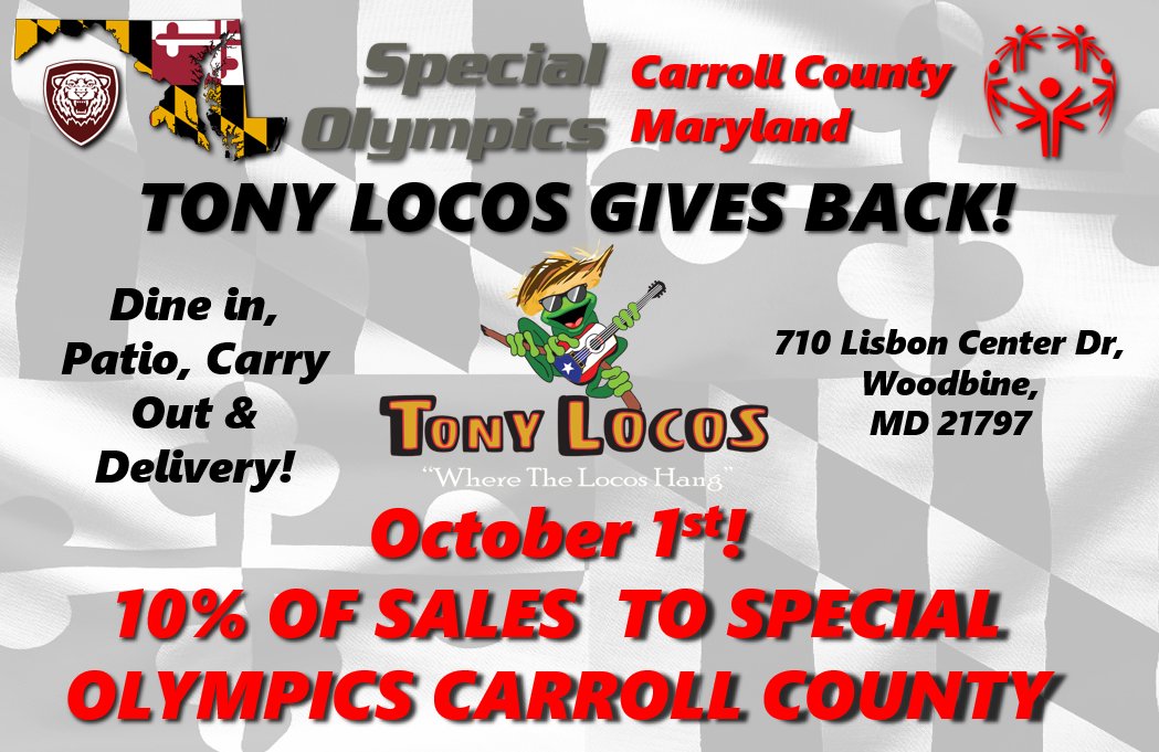 SOMDCarrollCo's tweet photo. 🎉Tony Gives Back on October 1st!

Be sure to visit @tonylocosmd on October 1st as they are donating 10% of all sales to Carroll County Special Olympics!

#ThanksTony #TonyGivesBack #specialolympics https://t.co/iOppEdjYl4