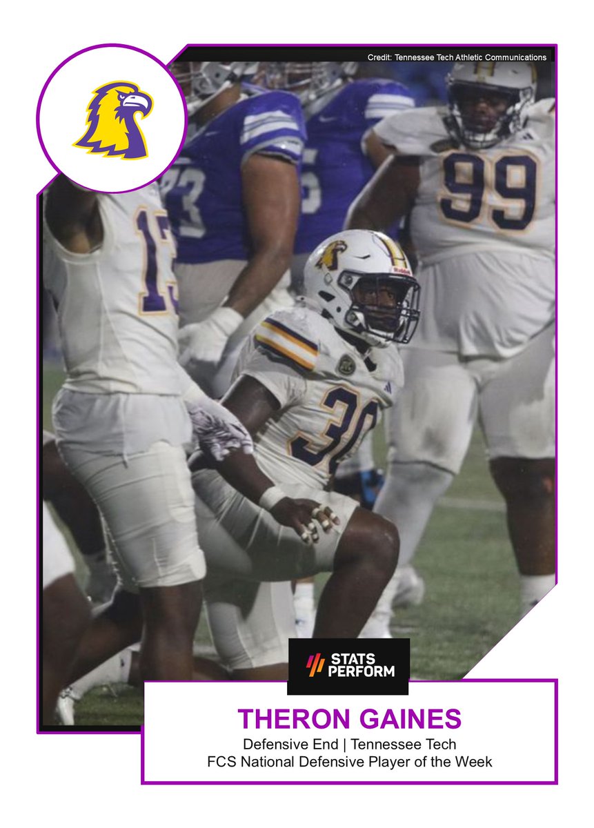 Stats Perform FCS National Defensive Player of the Week    

Congratulations to Tennessee Tech DE Theron Gaines

Story: theanalyst.com/na/2024/09/sta…