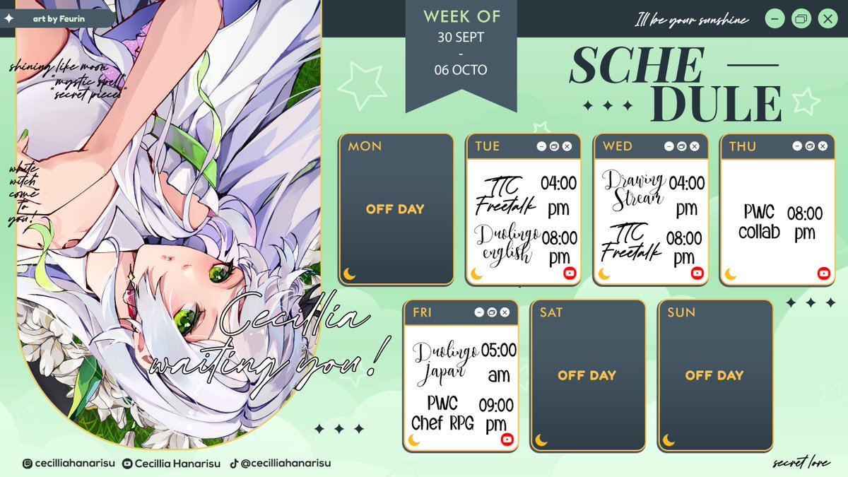 xcecillia_55's tweet photo. -mystic spell, secret piece-    
weekend kemungkinan guerilla aja kalau sempet hehe~
ttc wed kemungkinan besar jadi pwc~ tp idk

thankyou!!

【 Hashtags ! 】 :   
#cecilliahanarisu (general)   
#NoteableC (LIVE)  
#illiaPaint (fanart)  
#CeBruh (Meme)  
 #illiaclip (clip) https://t.co/Q5IVN22w2H