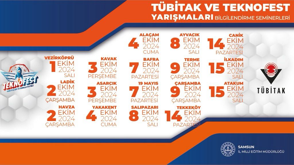 samsunarge's tweet photo. Müdürlüğümüzce 17 ilçemizde görev yapan yönetici ve öğretmenlerimize yönelik Tübitak Projeleri ve Teknofest  Yarışmaları Bilgilendirme Seminerlerimiz başlıyor. @samsunmem @muratagar60 https://t.co/QfYlZSif2R