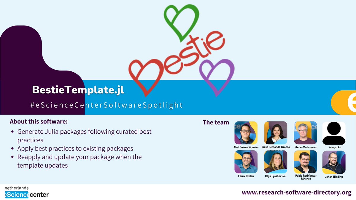 eScienceCenter's tweet photo. Hey #Bestie, the next #SoftwareSpotlight is coming your way. We're highlighting BestieTemplate.jl, a Julia package designed to streamline the creation of reproducible research projects. Want to learn more about this software? Check out the RSD: https://t.co/rnhf26DNUh https://t.co/EFotv3hq3p