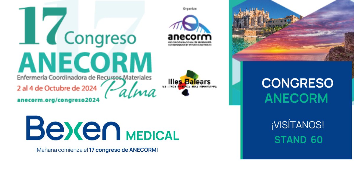 ¡La cuenta atrás ha comenzado⌛! Mañana vamos a estar presentes en el 17 congreso de ANECORM.

➡️Del 2 al 4 de octubre
📌STAND 60

¡Acércate y descubre las sorpresas que tenemos preparadas!
#BexenMedical #17ANECORM #Congreso #RecursosMateriales #RRMM