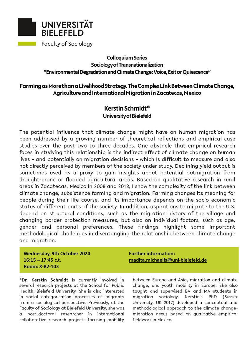 thecomcad's tweet photo. Upcoming presentation by Kerstin Schmidt (Bielefeld University) "Farming as More than a Livelihood Strategy. The Complex Link Between Climate Change, Agriculture and International Migration in Zacatecas, Mexico" as part of the Colloquium Series - on July 3rd 2024, 4:15-6 pm! https://t.co/EyXsq5xRVL