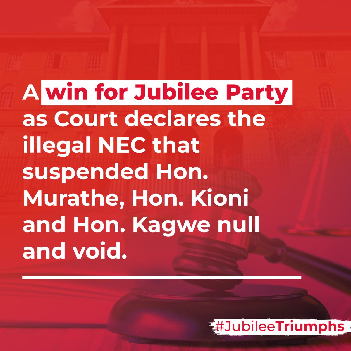 JubileePartyK's tweet image. Victory as High Court rules that Jubilee Party ni ya Uhuru Kenyatta. Justice Janet Mulwa also nullified the Kanini-Sabina led &quot;NEC&quot; that purported to remove Hon. Jeremiah Kioni, Hon. David Murathe and Treasurer Mr. Kagwe Gichohi.
#MbelePamoja #JubileeTriumphs!