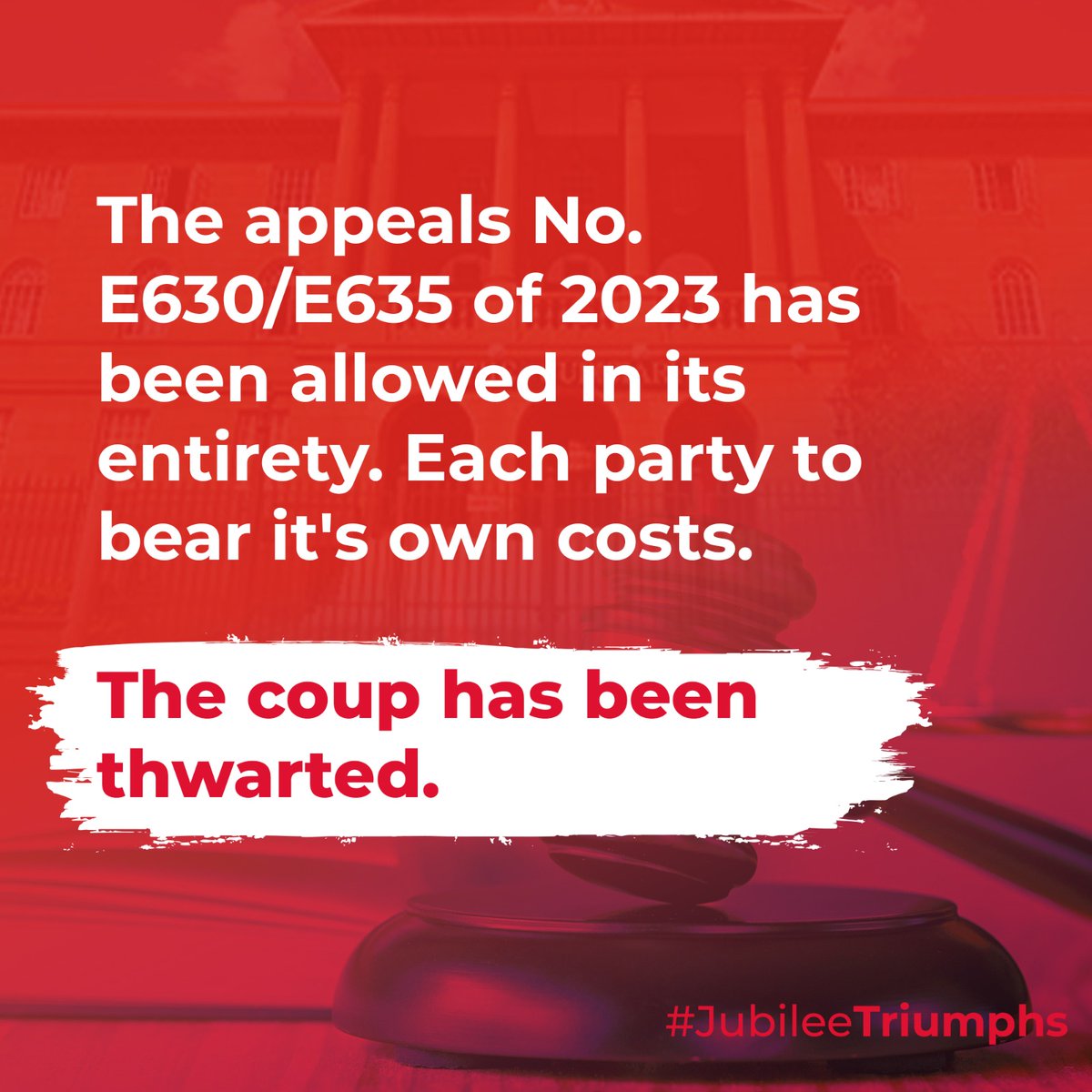 JubileePartyK's tweet image. Victory as High Court rules that Jubilee Party ni ya Uhuru Kenyatta. Justice Janet Mulwa also nullified the Kanini-Sabina led &quot;NEC&quot; that purported to remove Hon. Jeremiah Kioni, Hon. David Murathe and Treasurer Mr. Kagwe Gichohi.
#MbelePamoja #JubileeTriumphs!