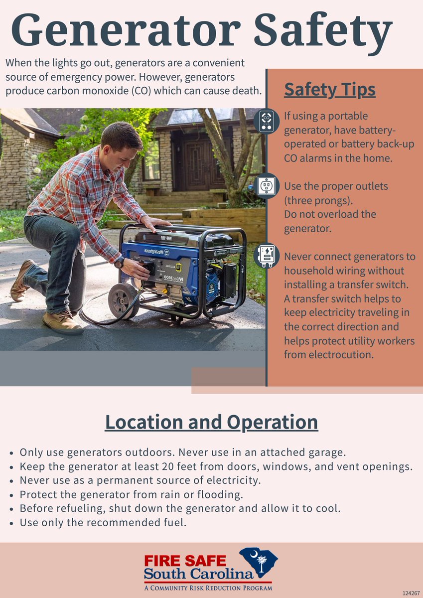 As part of SC Emergency Management Division’s Emergency Support Function 12, ORS coordinates with many SC agencies to ensure the safety of citizens in SC.  Please see the generator safety tips shared by South Carolina Labor Licensing and Regulation.