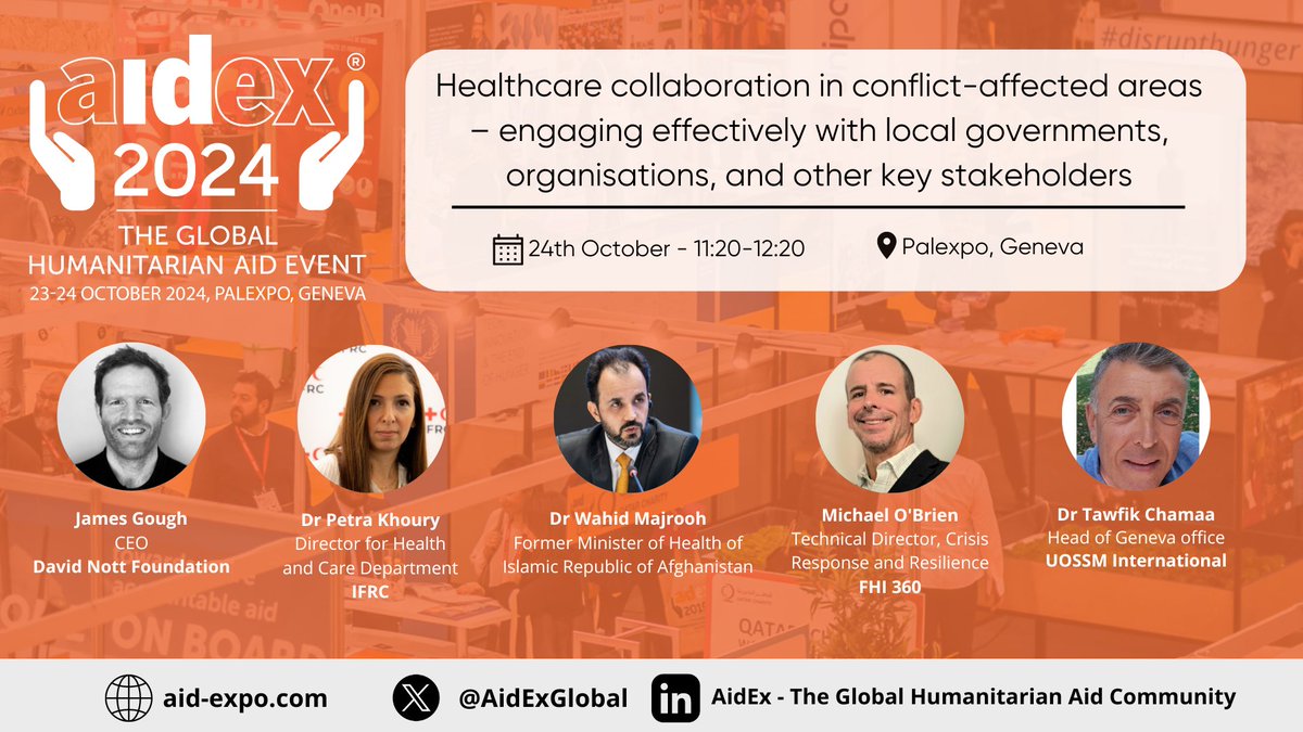 AidEx Events (@aidexglobal) on Twitter photo This session at #AidEx, in collaboration with <a href="/Genevaforum/">Geneva Health Forum</a>, explores best practices for working with local actors & examines the role of international aid & development organisations in the long-term rebuilding of healthcare institutions.
View agenda: rebrand.ly/z1mw2tz This session at #AidEx, in collaboration with <a href="/Genevaforum/">Geneva Health Forum</a>, explores best practices for working with local actors & examines the role of international aid & development organisations in the long-term rebuilding of healthcare institutions.
View agenda: rebrand.ly/z1mw2tz