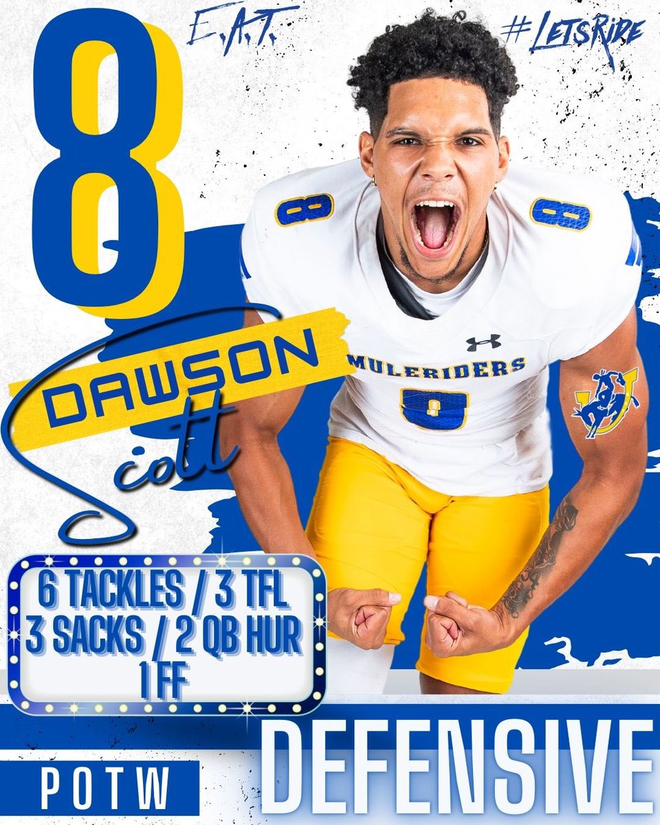 CONGRATS for the 3️⃣RD-TIME this fall to <a href="/DawsonScott19/">Dawson Scott</a> for being named our <a href="/SAUFootball/">Mulerider Football</a> DEFENSIVE PLAYER OF THE WEEK in Week 4 #VICTORY over Ark Tech!! #GORILLAZ 🦍 #TrenchMob #FPR