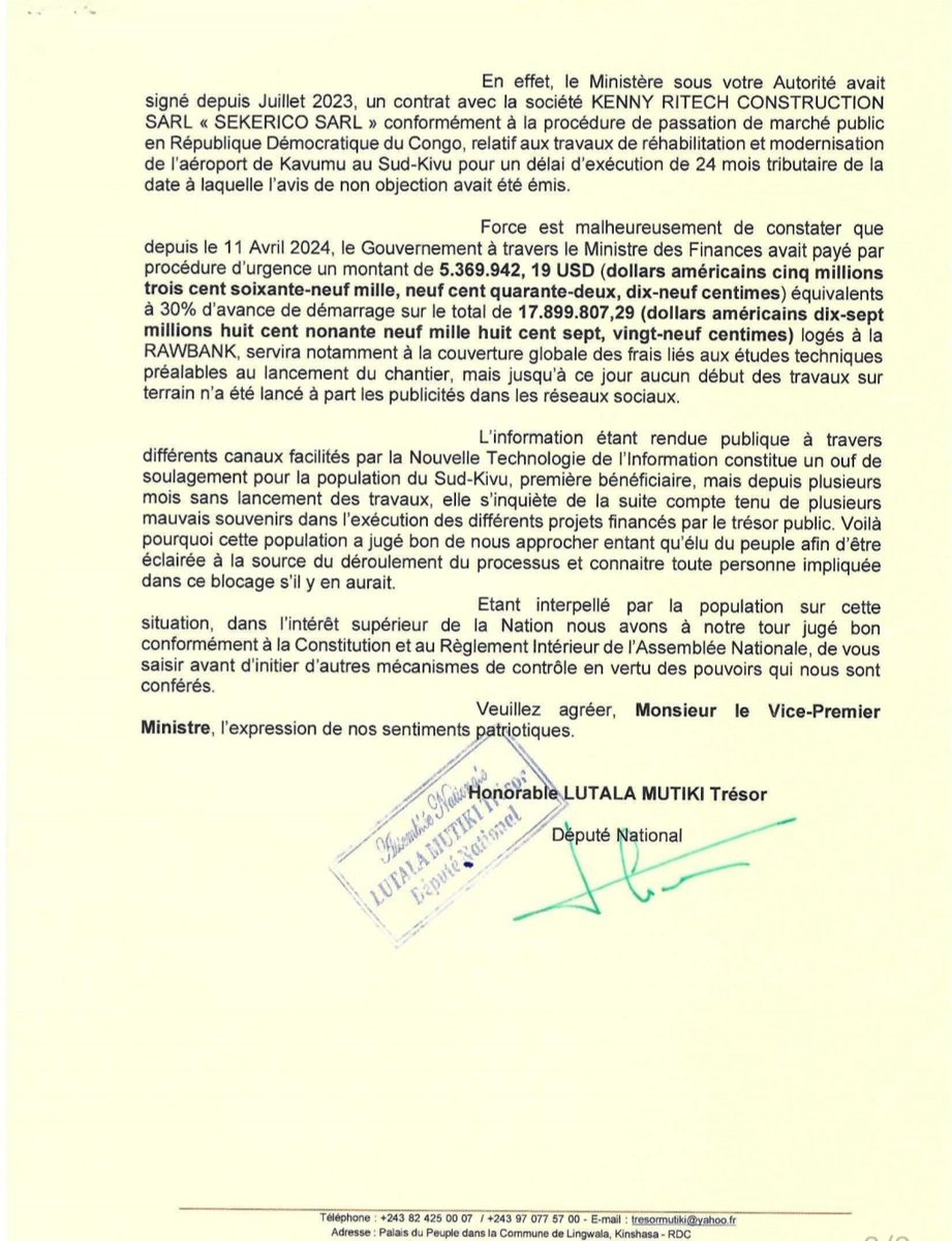 simeonisako13's tweet photo. ⛔️‼️#RDC❗️Urgent: Jean Pierre #Bemba appelé à justifier la destination de 5.369.942, 19 USD destinés à réhabilitation de l'aéroport de Kavumu. Le VPM des transports @bembajp est dans le viseur de l'Assemblée nationale. Le député national Trésor LUTALA #MUTIKI lui a adressé une demande d'éclaircissement au sujet de l'aéroport de Kavumu. Il denonce le non début des travaux sur terrain à part les publicités dans les réseaux sociaux alors que depuis le 11 Avril 2024, le Gouvernement à travers le Ministre des Finances avait payé par procédure d’urgence 30% d'avance de démarrage sur le total de 17.899.807,29 logés à la
RAWBANK.