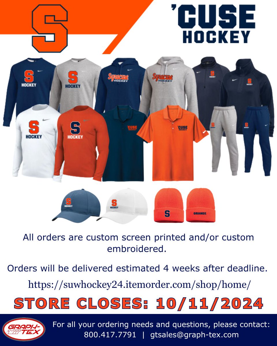 The team store is officially open!

Get your 'Cuse hockey merch before the store closes on Oct. 11, 2024

🔗 suwhockey24.itemorder.com/shop/home/

#ichSue