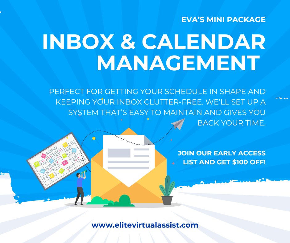 ✨ Transform Your Productivity! ✨ Imagine a clutter-free inbox and a streamlined calendar. It’s possible with our Mini Package! Sign up for early access to get $100 off when we launch. 💰 zurl.co/tXHd

 #InboxZen #CalendarQueen #VirtualAssistantServices #EliteVA