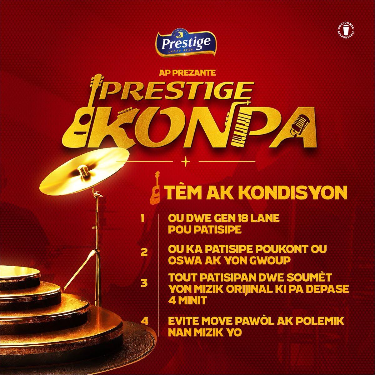 Enskripsyon PRESTIGE KONPA yo kòmanse depi JODI A ! 

Sa se chans pa w la pou w fè tout Ayiti ak mond lan dekouvri talan ou nan mizik !

Avan 30 Oktòb 2024, ale sou prestigekonpa.com pou enskri ak yon mizik orijinal #Konpa

🇭🇹Ansanm, nou pral fè Konpa sonnen pi fò ! 🙌🏾🍻