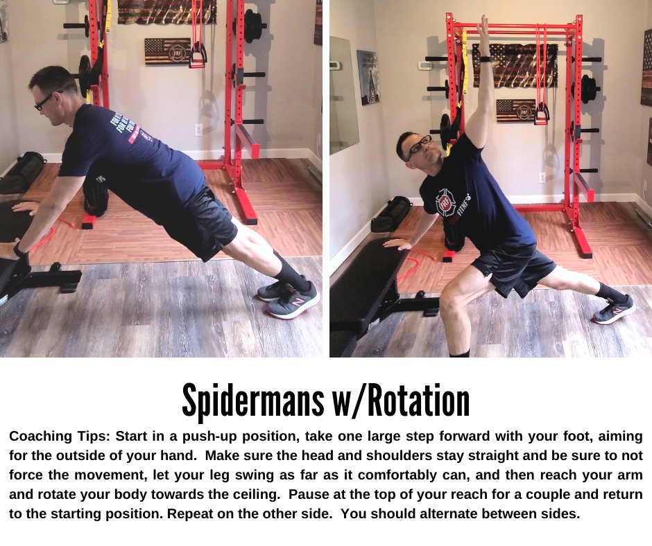 Mobility Monday! 🕺🏋️‍♀️ Add the Spiderman with rotation to your routine to boost mobility, strength, and performance. Do 3-5 reps on each side before your next workout or shift and feel the difference! 💥 #GETFRF #MoveBetter #FitForDuty