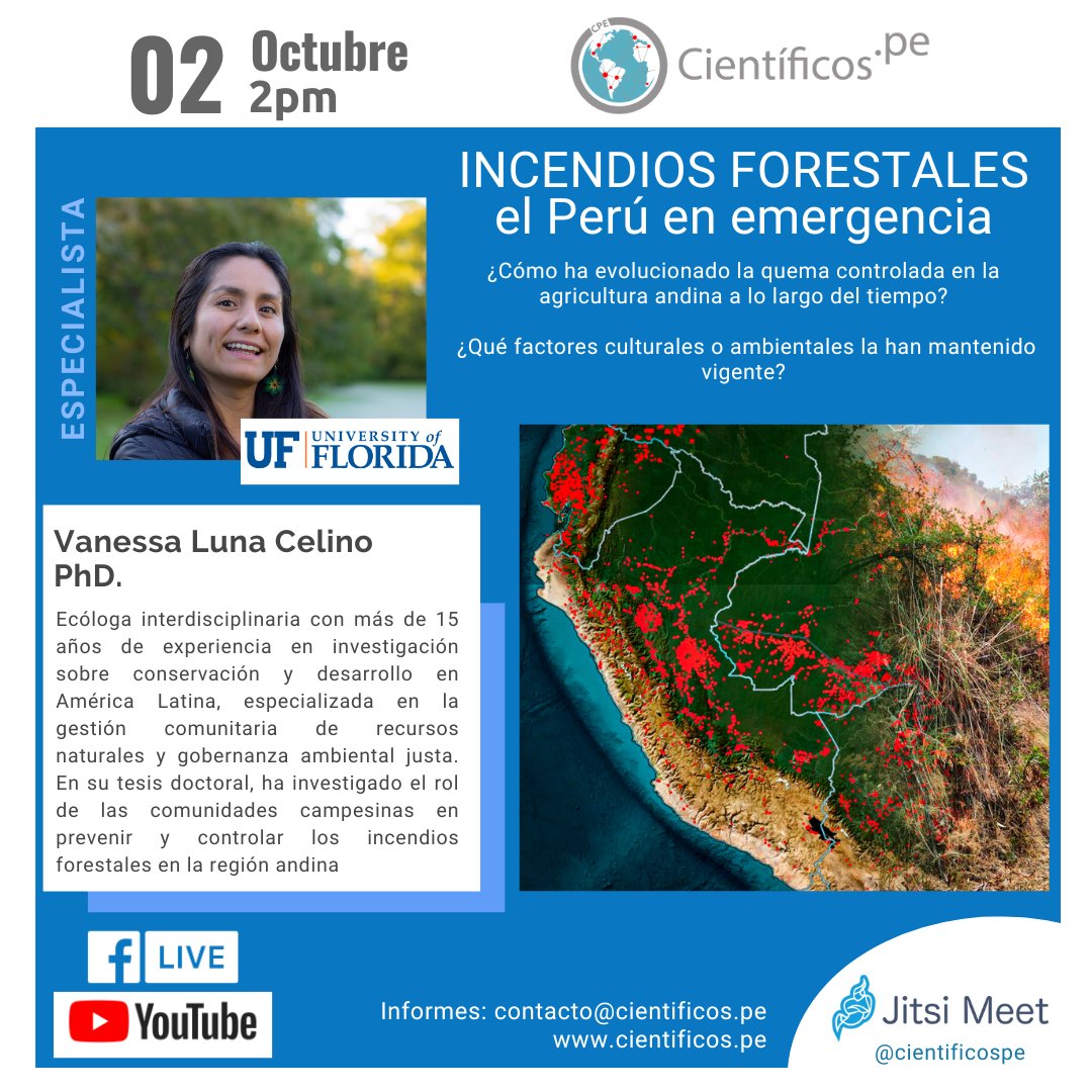 Cientificos.pe (@cientificospe) on Twitter photo Este miércoles 2 de octubre a las 2 p.m., en vivo por nuestras redes, conversaremos con la Dra. Vanessa Luna <a href="/VanessaLunaCel/">Vanessa Luna Celino- @vlunacel.bsky.social</a> sobre los incendios forestales en los Andes: su origen y su impacto en la agricultura. ¿Podemos hacer algo para prevenirlos? ¡No te lo pierdas! Este miércoles 2 de octubre a las 2 p.m., en vivo por nuestras redes, conversaremos con la Dra. Vanessa Luna <a href="/VanessaLunaCel/">Vanessa Luna Celino- @vlunacel.bsky.social</a> sobre los incendios forestales en los Andes: su origen y su impacto en la agricultura. ¿Podemos hacer algo para prevenirlos? ¡No te lo pierdas!