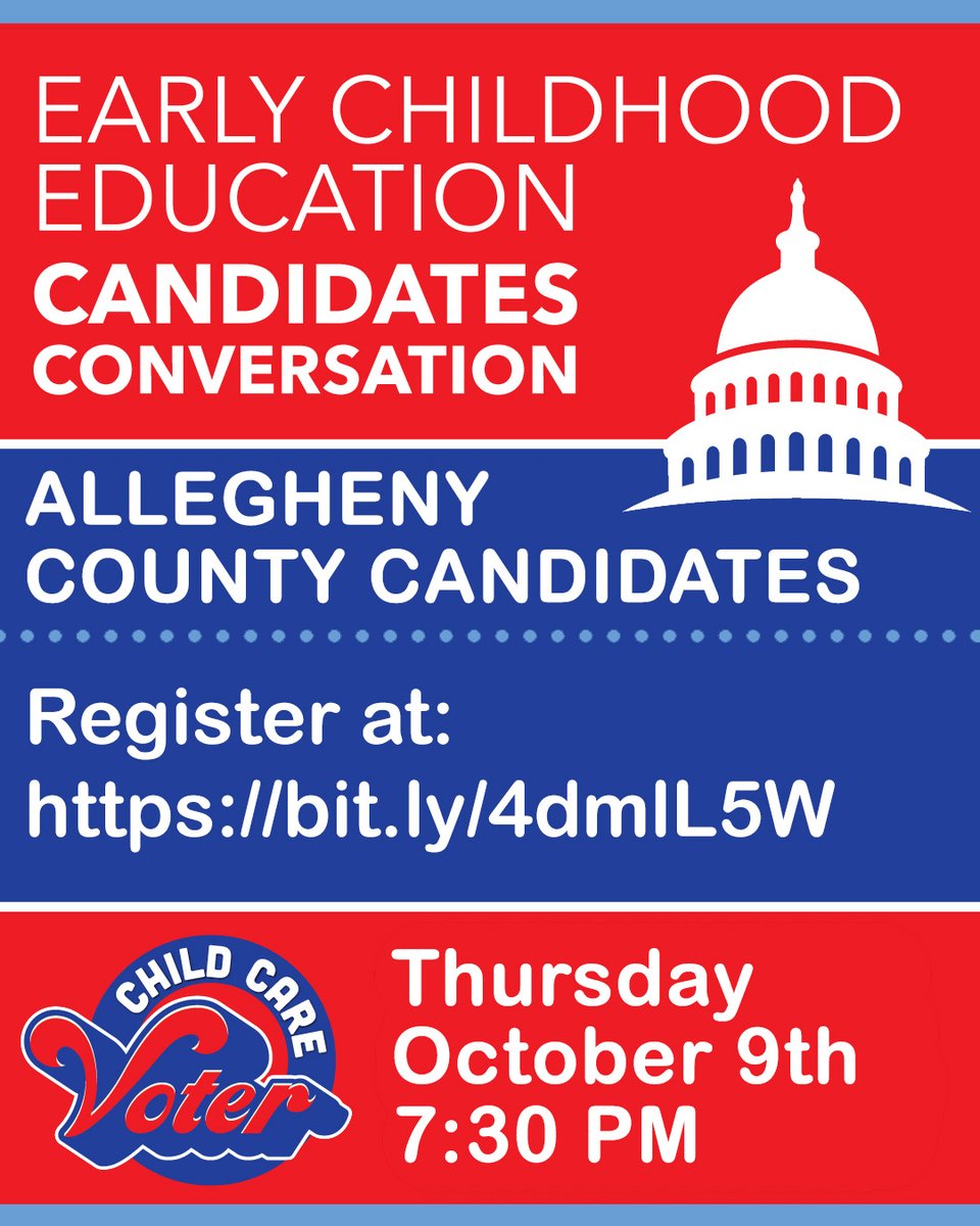 Where are all the Allegheny County #ChildCareVoters?! We are hosting a virtual Candidate Conversation Thursday, October 9th and we will hear from candidates from across the county. Register at us06web.zoom.us/meeting/regist…
#wearechildcarevoters