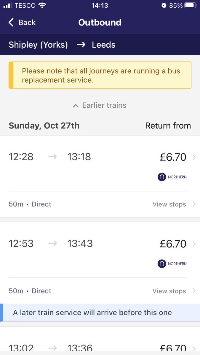 chibiminion's tweet photo. @northernassist Not sure we’re seeing the same results- Shipley to Leeds 27th Oct there’s no 1240 or 49. On other Sundays before this there are just not this particular Sunday I need to travel 😕 https://t.co/HGGQT6ySNS