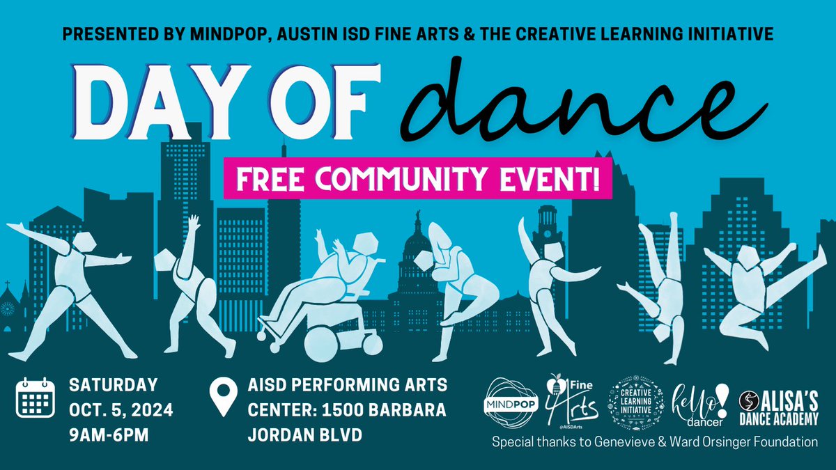 CLI in Austin ISD (@cli_aisd) on Twitter photo Day of Dance is this Saturday at the <a href="/AustinISD/">Austin ISD</a> Performing Arts Center. Come through for showcases, classes, & much more! This family-friendly, intergenerational event is open to all, no matter your dance experience.
Schedule, artist bios, & RSVP here: mindpop.org/dance-across-a… Day of Dance is this Saturday at the <a href="/AustinISD/">Austin ISD</a> Performing Arts Center. Come through for showcases, classes, & much more! This family-friendly, intergenerational event is open to all, no matter your dance experience.
Schedule, artist bios, & RSVP here: mindpop.org/dance-across-a…