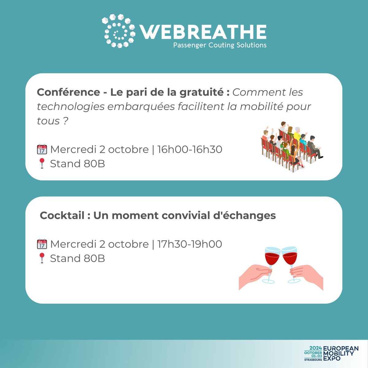 📣 J-1 avant l’ European Mobility Expo 2024 📣 

Demain marque le coup d’envoi du salon EUMO à Strasbourg, qui se tiendra au parc des expositions du 1er au 3 octobre ! 🚍

On vous attend avec impatience au stand 80B !

#EUMO2024 #WEBREATHE #mobilité #strasbourg
#technologies