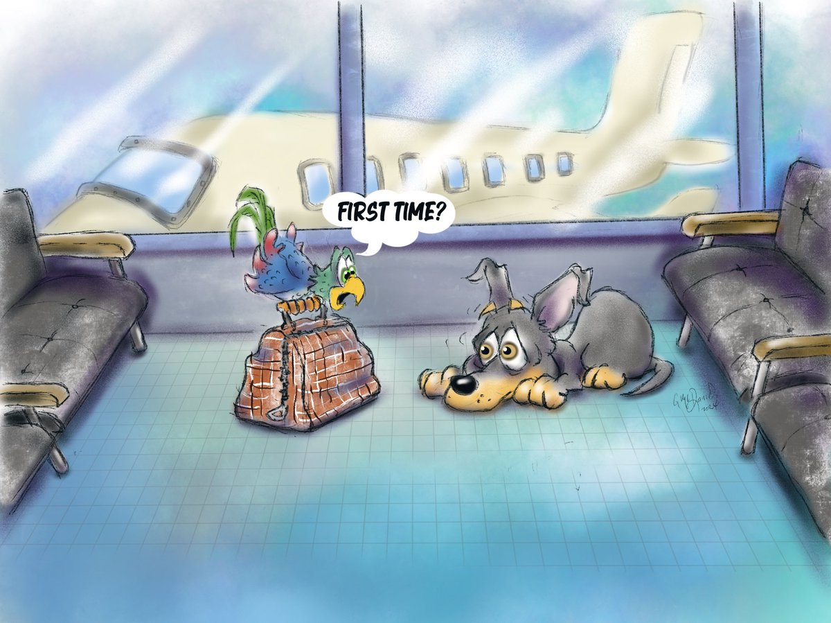 Resent travels I was sitting in an airport waiting to board &amp; a few seats away was what I presumed was a first time flyer.  Little guy was shaking like a leaf.  Couldn’t offer anything comforting, only to capture it in a cartoon.