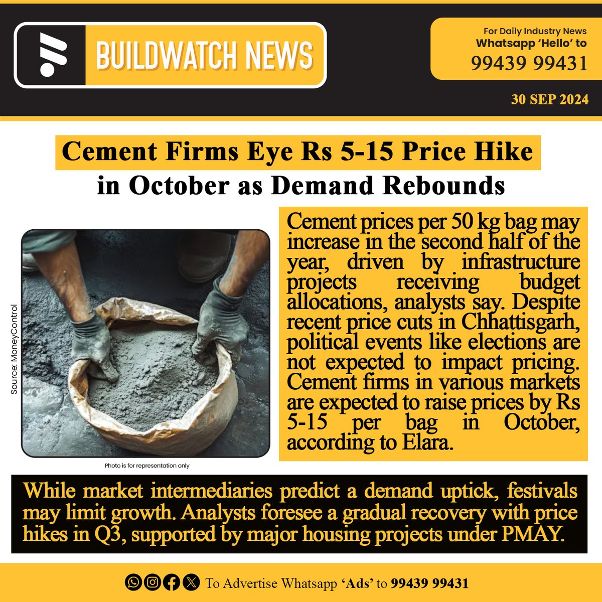 BuildWatchNEWS's tweet image. Cement Prices Expected to Rise in H2 Amid Infrastructure Push: Analysts

#CementPrices #InfrastructurePush #ConstructionGrowth #PMAYImpact #HousingBoom #DemandSurge #FestivalsImpact #PriceHike #BuildWatchNews #RealEstateUpdates #MarketTrends #BWNCement #CementNews