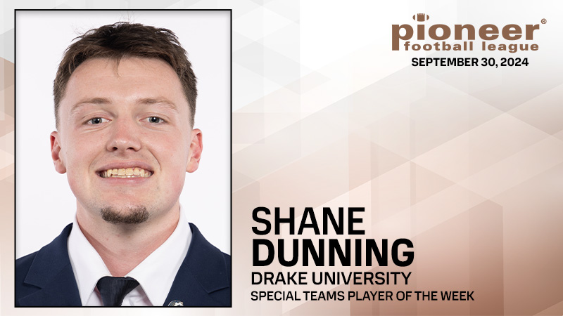 Pioneer Football (@pflnews) on Twitter photo Pioneer Football League Special Teams Player of the Week!
<a href="/DrakeBulldogsFB/">Drake Football</a> kicker/punter Shane Dunning hit a game-winning 48-yard field goal to cap his 12-point outing in Drake's win against San Diego. Pioneer Football League Special Teams Player of the Week!
<a href="/DrakeBulldogsFB/">Drake Football</a> kicker/punter Shane Dunning hit a game-winning 48-yard field goal to cap his 12-point outing in Drake's win against San Diego.