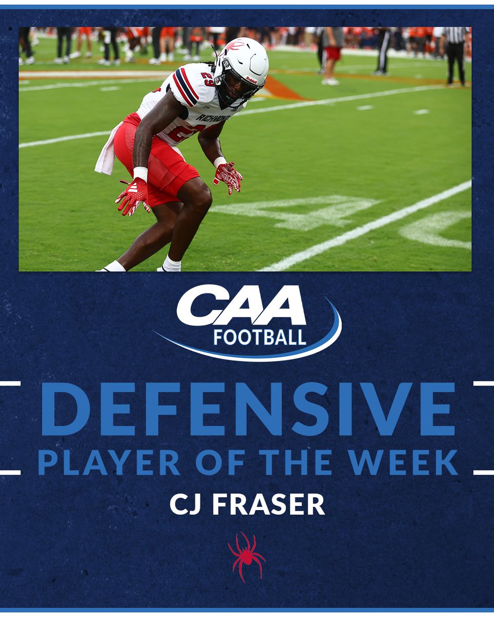 CAA Football (@caafootball) on Twitter photo 🏈 #CAAFB Defensive Player of the Week
CJ Fraser recorded a career-high nine tackles, 0.5 TFL’s, a forced fumble and an interception in <a href="/Spiders_FB/">Richmond Spiders Football</a>'s 27-17 victory at Elon
📰 tinyurl.com/3zu3n4mk 🏈 #CAAFB Defensive Player of the Week
CJ Fraser recorded a career-high nine tackles, 0.5 TFL’s, a forced fumble and an interception in <a href="/Spiders_FB/">Richmond Spiders Football</a>'s 27-17 victory at Elon
📰 tinyurl.com/3zu3n4mk