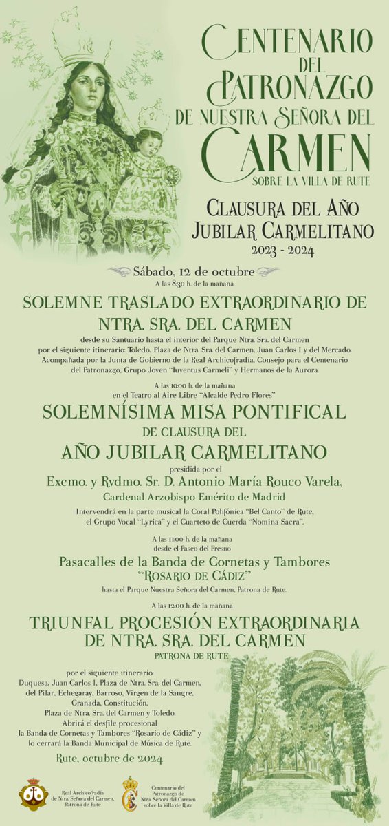 Cartel de los actos de Clausura del Año Jubilar Carmelitano que tendrán lugar el 12 de octubre.

Las pinturas que lo componen son obra de la artista Inma Luque, completando la serie pictórica con la que se han ilustrado los carteles de los actos extraordinarios de este Centenario