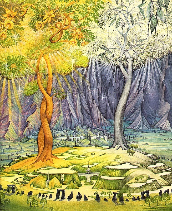 BrianWITGuy's tweet photo. "Thus in Valinor twice every day there came a gentle hour of softer light when both trees were faint and their gold &amp; silver beams mingled" Two Trees of Valinor by #LindaGarland Light #Tolkien #Silmarillion  #TolkienTrewsday #Tolkientober @timboltonuk https://t.co/4eQVmjhSIP