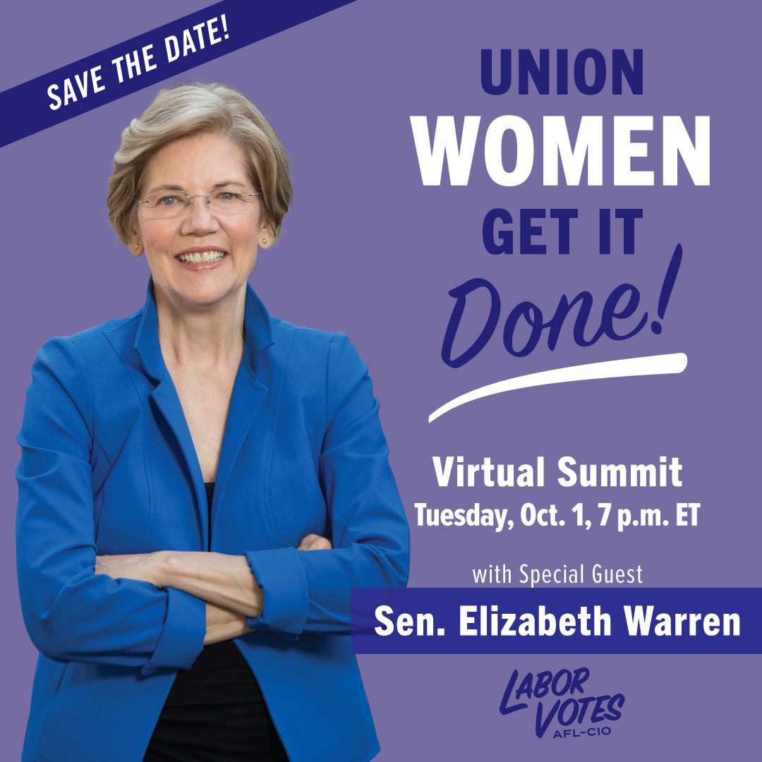 We are excited to announce that Sen. Elizabeth Warren <a href="/ewarren/">Elizabeth Warren</a> will join us on October 1 for our Virtual National Labor Women’s Rally to mobilize for the 2024 election. Senator Warren knows better than anyone: women get it done! 
Register now:
us06web.zoom.us/webinar/regist…