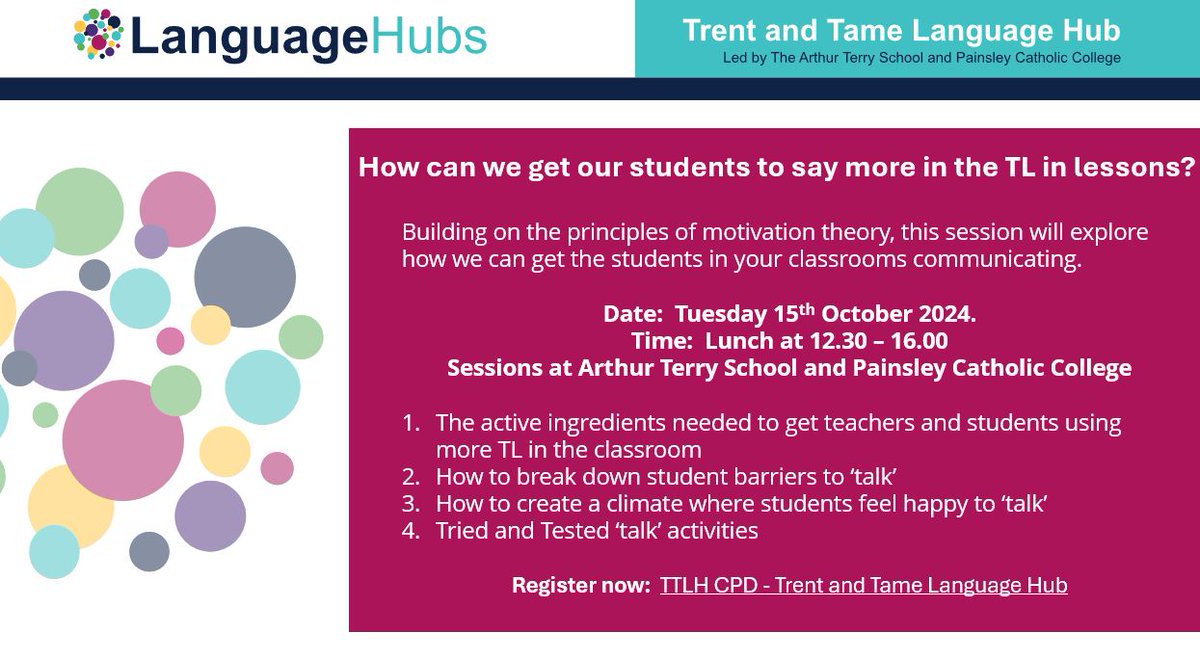 Trent and Tame Language Hub (@trent_and_tame) on Twitter photo 🇫🇷🇪🇸🇩🇪 Teachers in B'ham, Stoke or Staffordshire
🗣️Are you looking for ways to get your students to speak more in lessons?
🧠Join the TTLH team at our next CPD session. 
📅Tues 15th Oct 12.30 - 4.00 at Painsley Catholic College or at Arthur Terry.
ttlh.org.uk/cpd/ttlh-cpd/#… 🇫🇷🇪🇸🇩🇪 Teachers in B'ham, Stoke or Staffordshire
🗣️Are you looking for ways to get your students to speak more in lessons?
🧠Join the TTLH team at our next CPD session. 
📅Tues 15th Oct 12.30 - 4.00 at Painsley Catholic College or at Arthur Terry.
ttlh.org.uk/cpd/ttlh-cpd/#…