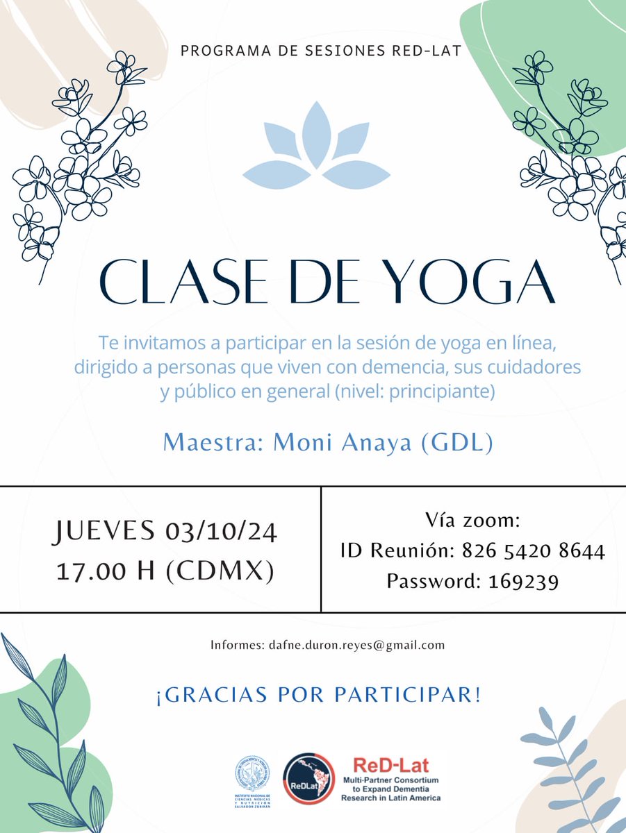 dafneduron90's tweet photo. Les invitamos a la primera sesión #ReDLat de octubre: Yoga (nivel principiante) con la maestra Mony Anaya 🧠🧘🏽♀️🧘🏼♂️
🗓️ Jueves 03/10/2024
🕢 17:00hrs (CDMX)
Vía zoom 👇
@ReDLat_Dementia @GBHI_Fellows @atlanticfellows https://t.co/phWNCJPwKz