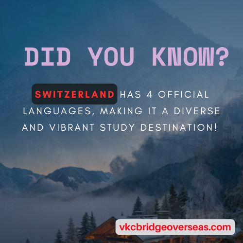 VkcBridge's tweet photo. Study in Switzerland! 🇨🇭

Did you know?

Switzerland has 4 official languages—German, French, Italian, and Romansh!

#StudyInSwitzerland #SwissFacts  #VKCBridgeOverseas #StudyAbroad https://t.co/SzlMorUhOF