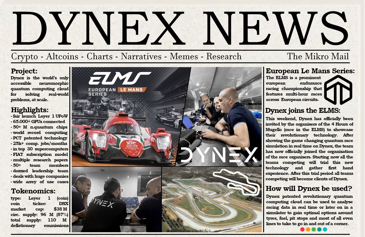 $DNX officially joins the European Le Man Series 🤯🏎️

After being invited out to Mugello and showcasing the groundbreaking quantum race simulation, <a href="/dynexcoin/">Dynex</a> is now part of the ELMS.

Real world adoption is skyrocketing &amp; this is only the beginning.

But what does this mean? 👇