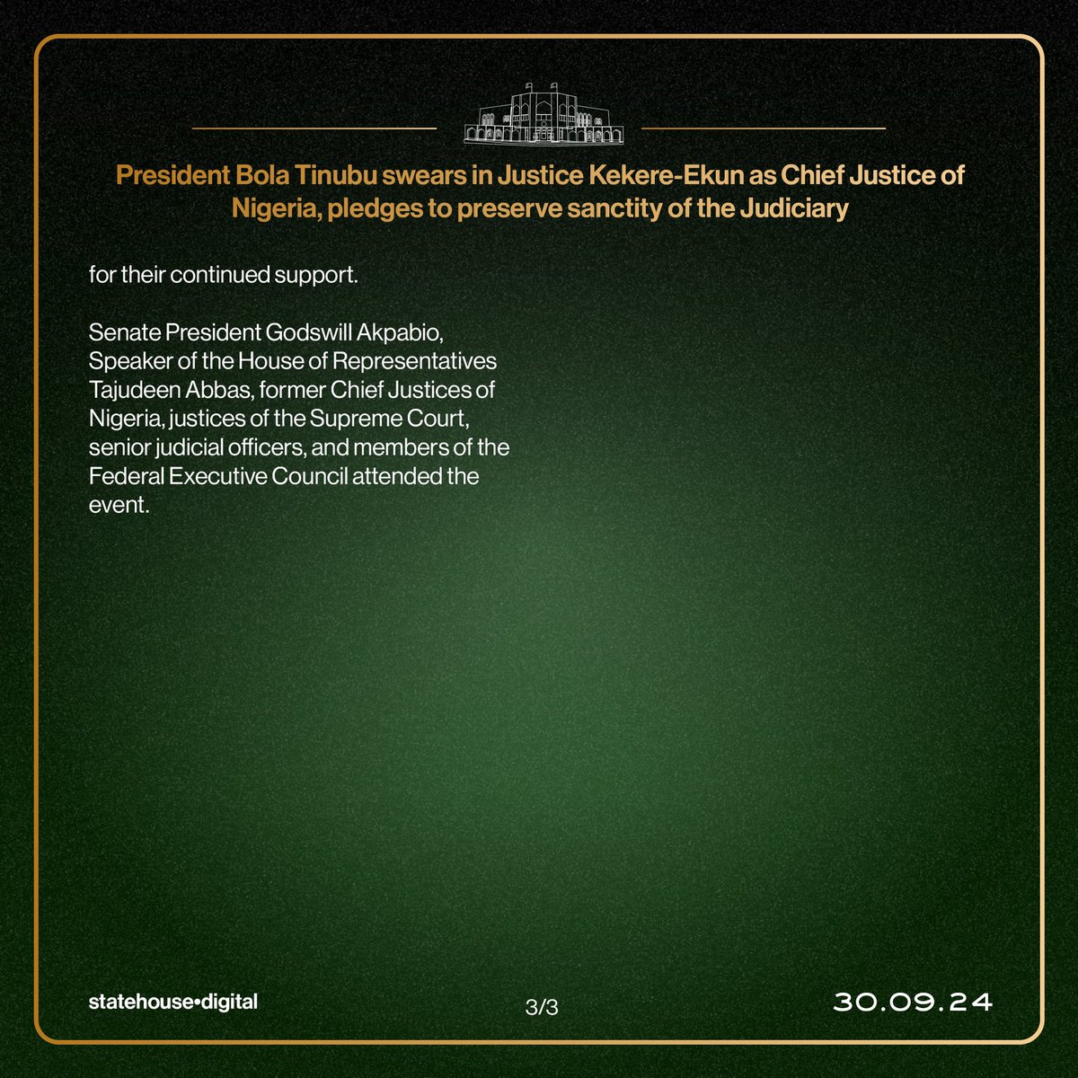 President Bola Tinubu swears in Justice Kekere-Ekun as Chief Justice of Nigeria, pledges to preserve sanctity of the Judiciary