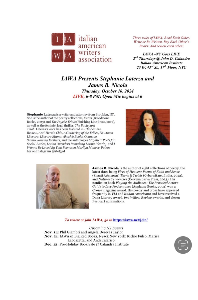 #WritingCommunity  Join us on Thursday, 10/10, at The  Calandra Institute! My co-feature is James B. Nicola. There’s also an open mic. See you there! A presto!

#italian #american #writers #poetry #fiction #nyc