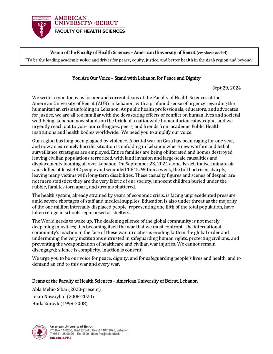 From <a href="/FHS_AUB/">Faculty of Health Sciences at AUB</a> a call for an end to this brutal war, and to advocate for peace and dignity for all. 
Please share widely 
<a href="/AUB_Lebanon/">American University of Beirut</a>