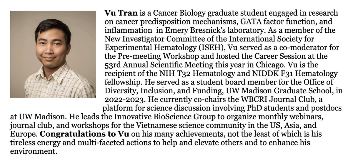 A special recognition for graduate student Vu Tran.  Congratulations on your outstanding progress with training.