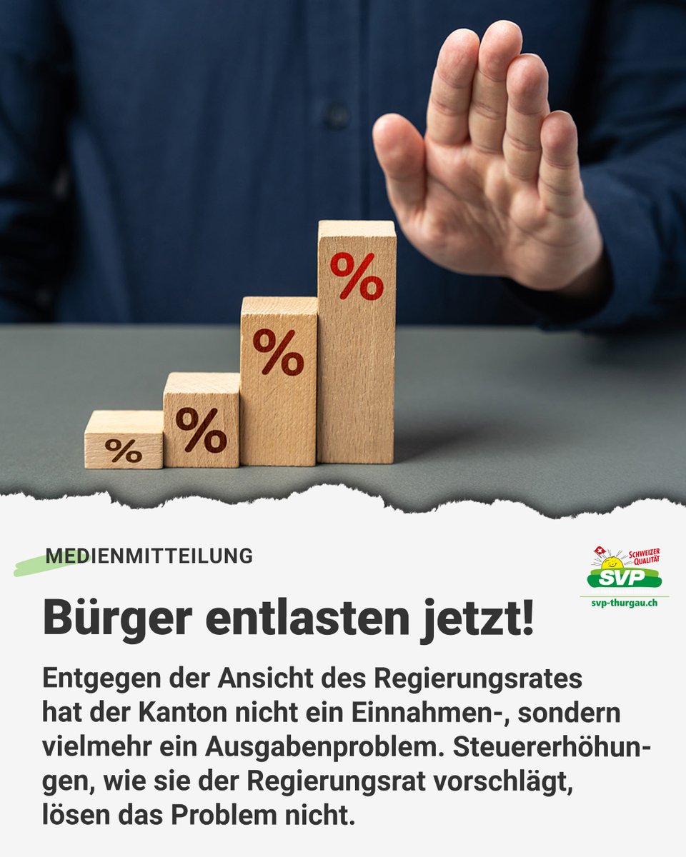 Der Finanzhaushalt des Kantons Thurgau ist aus dem Gleichgewicht. Entgegen der Ansicht des Regierungsrates hat der Kanton aber nicht ein Einnahmen-, sondern vielmehr ein Ausgabenproblem.

👉🏻svp-thurgau.ch/medienmitteilu…